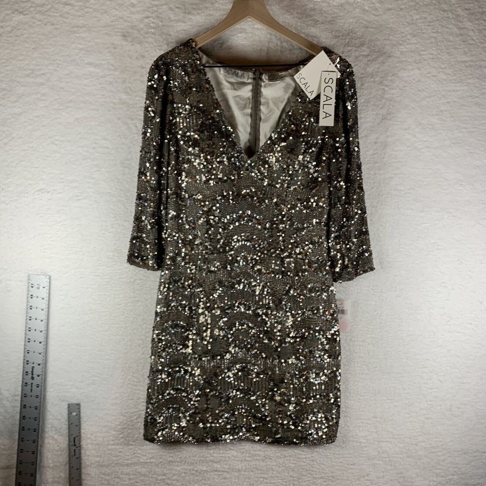 Vtg Scala Sequin Dress Womens 12 Metallic 100% Silk V-Neck‎ Long Sleeve Back Zip